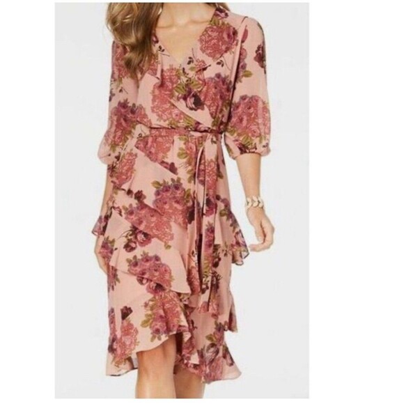 Betsey Johnson Women’s Rose Print Ruffle Cap Sleeve Wrap Midi Dress size8 - Picture 3 of 16